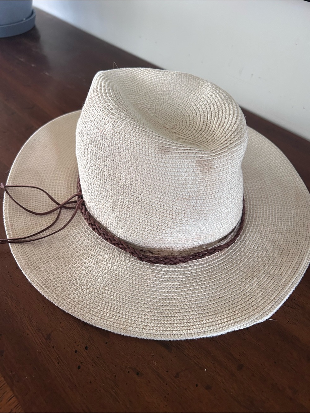 Straw Fedora Hat with Braided Brown Band - Cream